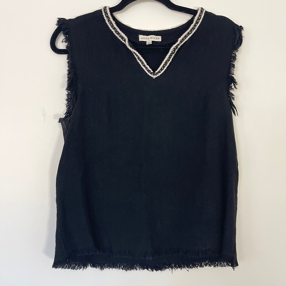 Moon River $79 Black Sleeveless Embroidered Fringe Linen Top Women's Size Small - Picture 4 of 9